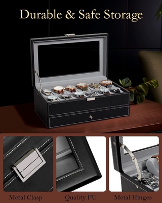 GUKA Horloge Doos 12 Slot Horloge Display Organisator Lederen Sieraden Doos Laaier Glas Verjaardag voor mannen Vrouwen, Kind Man
