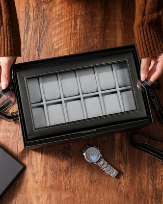 GUKA Horloge Doos 12 Slot Horloge Display Organisator Lederen Sieraden Doos Laaier Glas Verjaardag voor mannen Vrouwen, Kind Man
