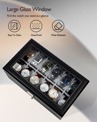 GUKA Horloge Doos 12 Slot Horloge Display Organisator Lederen Sieraden Doos Laaier Glas Verjaardag voor mannen Vrouwen, Kind Man