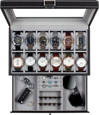 GUKA Horloge Doos 12 Slot Horloge Display Organisator Lederen Sieraden Doos Laaier Glas Verjaardag voor mannen Vrouwen, Kind Man