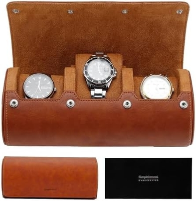 Horloge reiszak, horloge rol voor 3 horloges, Premium faux leer, cadeau-doos verpakking √ Bruin √
