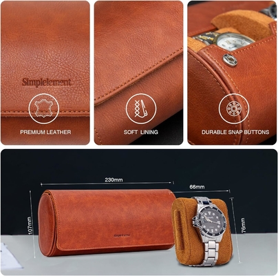 Horloge reiszak, horloge rol voor 3 horloges, Premium faux leer, cadeau-doos verpakking √ Bruin √
