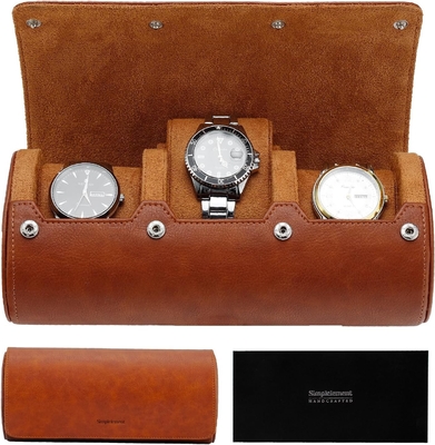 Horloge reiszak, horloge rol voor 3 horloges, Premium faux leer, cadeau-doos verpakking √ Bruin √