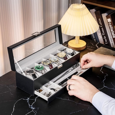 ProCase Horloge Doos Organisator voor mannen, 6 slot Horloge Display Case met lade, Vadersdag cadeau Mensen Horloge Houder Horloge