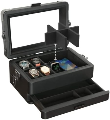 CASE ELEGANCE Militair 10 Slot Horloge Doos Case Organisator voor mannen, Echte Glas Top, Modulaire Valet Tray,