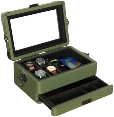 CASE ELEGANCE Militair 10 Slot Horloge Doos Case Organisator voor mannen, Echte Glas Top, Modulaire Valet Tray,