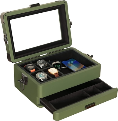CASE ELEGANCE Militair 10 Slot Horloge Doos Case Organisator voor mannen, Echte Glas Top, Modulaire Valet Tray,