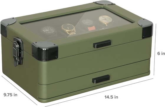 CASE ELEGANCE Militair 10 Slot Horloge Doos Case Organisator voor mannen, Echte Glas Top, Modulaire Valet Tray,