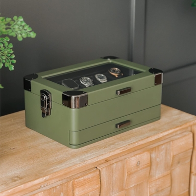 CASE ELEGANCE Militair 10 Slot Horloge Doos Case Organisator voor mannen, Echte Glas Top, Modulaire Valet Tray,