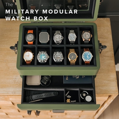 CASE ELEGANCE Militair 10 Slot Horloge Doos Case Organisator voor mannen, Echte Glas Top, Modulaire Valet Tray,