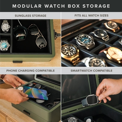 CASE ELEGANCE Militair 10 Slot Horloge Doos Case Organisator voor mannen, Echte Glas Top, Modulaire Valet Tray,