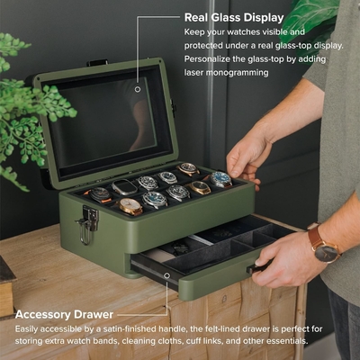 CASE ELEGANCE Militair 10 Slot Horloge Doos Case Organisator voor mannen, Echte Glas Top, Modulaire Valet Tray,
