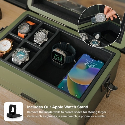 CASE ELEGANCE Militair 10 Slot Horloge Doos Case Organisator voor mannen, Echte Glas Top, Modulaire Valet Tray,