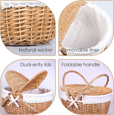 Wicker picknickmand met deksel en handvat Robuust geweven lichaam met wasbare voering voor Pasen, Moedersdag, buitenkamperen