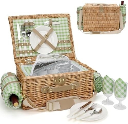 Wicker picknickmand met deksel en handvat Robuust geweven lichaam met wasbare voering voor Pasen, Moedersdag, buitenkamperen
