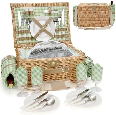 Wicker picknickmand met deksel en handvat Robuust geweven lichaam met wasbare voering voor Pasen, Moedersdag, buitenkamperen