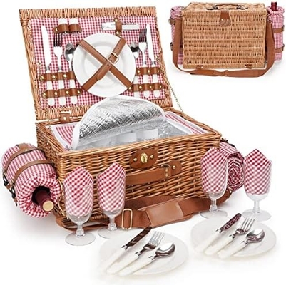 Wicker picknickmand met deksel en handvat Robuust geweven lichaam met wasbare voering voor Pasen, Moedersdag, buitenkamperen