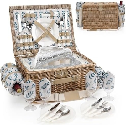 Wicker picknickmand met deksel en handvat Robuust geweven lichaam met wasbare voering voor Pasen, Moedersdag, buitenkamperen