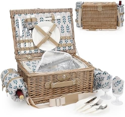 Wicker picknickmand met deksel en handvat Robuust geweven lichaam met wasbare voering voor Pasen, Moedersdag, buitenkamperen