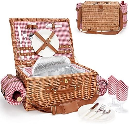 Wicker picknickmand met deksel en handvat Robuust geweven lichaam met wasbare voering voor Pasen, Moedersdag, buitenkamperen