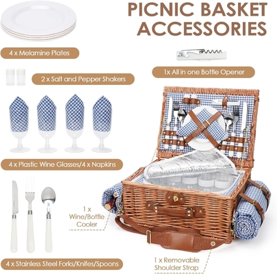 Wicker picknickmand met deksel en handvat Robuust geweven lichaam met wasbare voering voor Pasen, Moedersdag, buitenkamperen