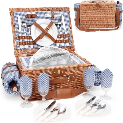 Wicker picknickmand met deksel en handvat Robuust geweven lichaam met wasbare voering voor Pasen, Moedersdag, buitenkamperen