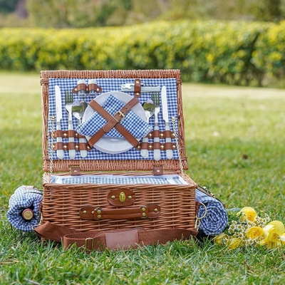 Wicker picknickmand met deksel en handvat Robuust geweven lichaam met wasbare voering voor Pasen, Moedersdag, buitenkamperen