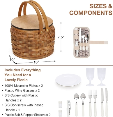 Kleine picknickmandjes met geïsoleerde koeler, picknickmandje voor 2 personen, houtsplintermandje, inclusief 2 sets