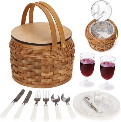 Kleine picknickmandjes met geïsoleerde koeler, picknickmandje voor 2 personen, houtsplintermandje, inclusief 2 sets