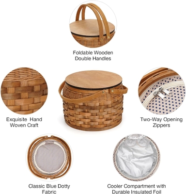 Kleine picknickmandjes met geïsoleerde koeler, picknickmandje voor 2 personen, houtsplintermandje, inclusief 2 sets