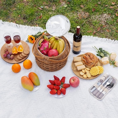 Kleine picknickmandjes met geïsoleerde koeler, picknickmandje voor 2 personen, houtsplintermandje, inclusief 2 sets
