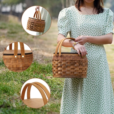 Kleine picknickmandjes met geïsoleerde koeler, picknickmandje voor 2 personen, houtsplintermandje, inclusief 2 sets