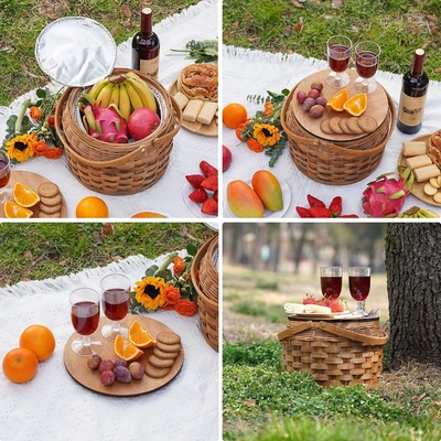 Kleine picknickmandjes met geïsoleerde koeler, picknickmandje voor 2 personen, houtsplintermandje, inclusief 2 sets