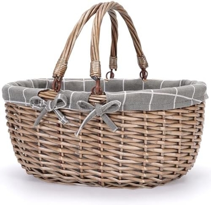 G GOOD GAIN Wicker picknickmand met dubbele vouwhandgrepen, Willow Picknickhamper, natuurlijke handgeweven Paasmand,