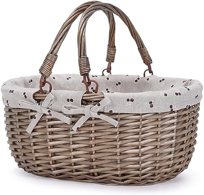 G GOOD GAIN Wicker picknickmand met dubbele vouwhandgrepen, Willow Picknickhamper, natuurlijke handgeweven Paasmand,