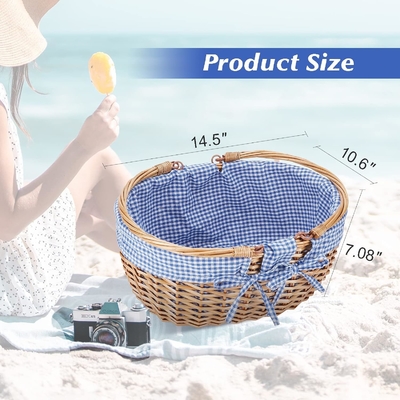 G GOOD GAIN Wicker picknickmand met dubbele vouwhandgrepen, Willow Picknickhamper, natuurlijke handgeweven Paasmand,