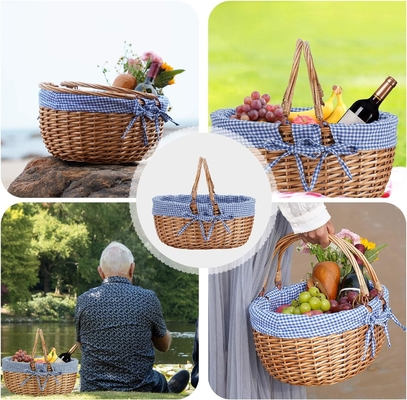 G GOOD GAIN Wicker picknickmand met dubbele vouwhandgrepen, Willow Picknickhamper, natuurlijke handgeweven Paasmand,
