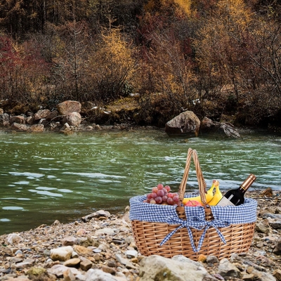 G GOOD GAIN Wicker picknickmand met dubbele vouwhandgrepen, Willow Picknickhamper, natuurlijke handgeweven Paasmand,