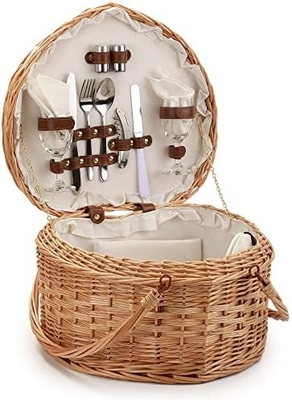 Picknickmandje voor 2 picknickers Hartvormige lege Wicker Wicker Willow Hout Hamper Rugzak Doos met deksel deksel Handle