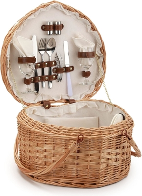 Picknickmandje voor 2 picknickers Hartvormige lege Wicker Wicker Willow Hout Hamper Rugzak Doos met deksel deksel Handle