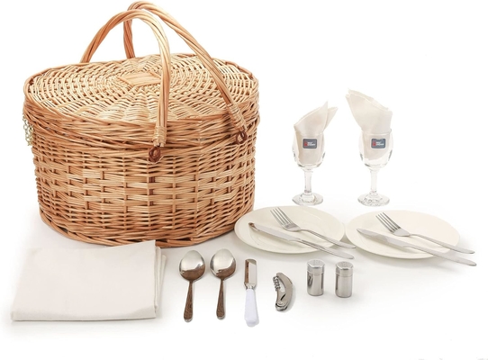 Picknickmandje voor 2 picknickers Hartvormige lege Wicker Wicker Willow Hout Hamper Rugzak Doos met deksel deksel Handle