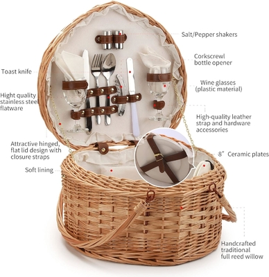 Picknickmandje voor 2 picknickers Hartvormige lege Wicker Wicker Willow Hout Hamper Rugzak Doos met deksel deksel Handle
