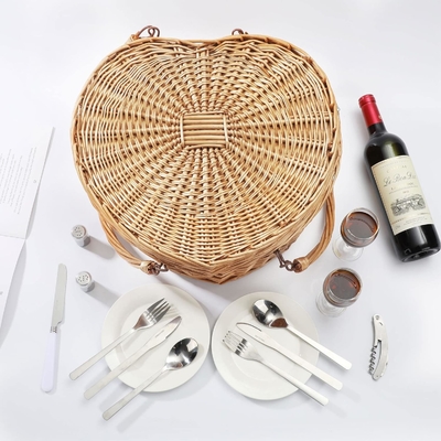 Picknickmandje voor 2 picknickers Hartvormige lege Wicker Wicker Willow Hout Hamper Rugzak Doos met deksel deksel Handle