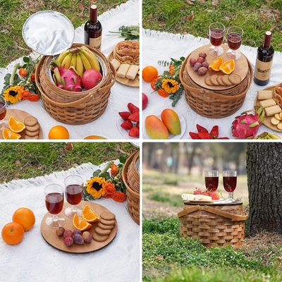 Kleine picknickmandjes met geïsoleerde koeler, picknickmandje voor twee, houtsplintermandje,