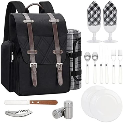 Picknickrugzak voor 4 personen met grote geïsoleerde koeltas, picknickmandset met wijnzak,