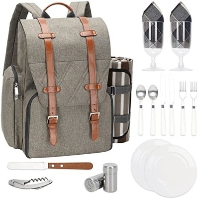 Picknickrugzak voor 4 personen met grote geïsoleerde koeltas, picknickmandset met wijnzak,