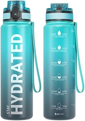 32 oz sportieve motivatie waterfles met tijdmarker - Tijd om te drinken - Tritan, BPA-vrij, breed mond lekbestendig,