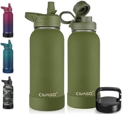 32 oz geïsoleerde waterfles met stro, roestvrij staal sportwaterbeker Flas met 3 deksels (stro, slang en handvat)
