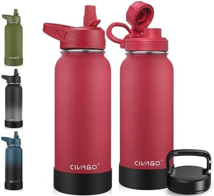 32 oz geïsoleerde waterfles met stro, roestvrij staal sportwaterbeker Flas met 3 deksels (stro, slang en handvat)