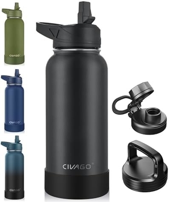 32 oz geïsoleerde waterfles met stro, roestvrij staal sportwaterbeker Flas met 3 deksels (stro, slang en handvat)